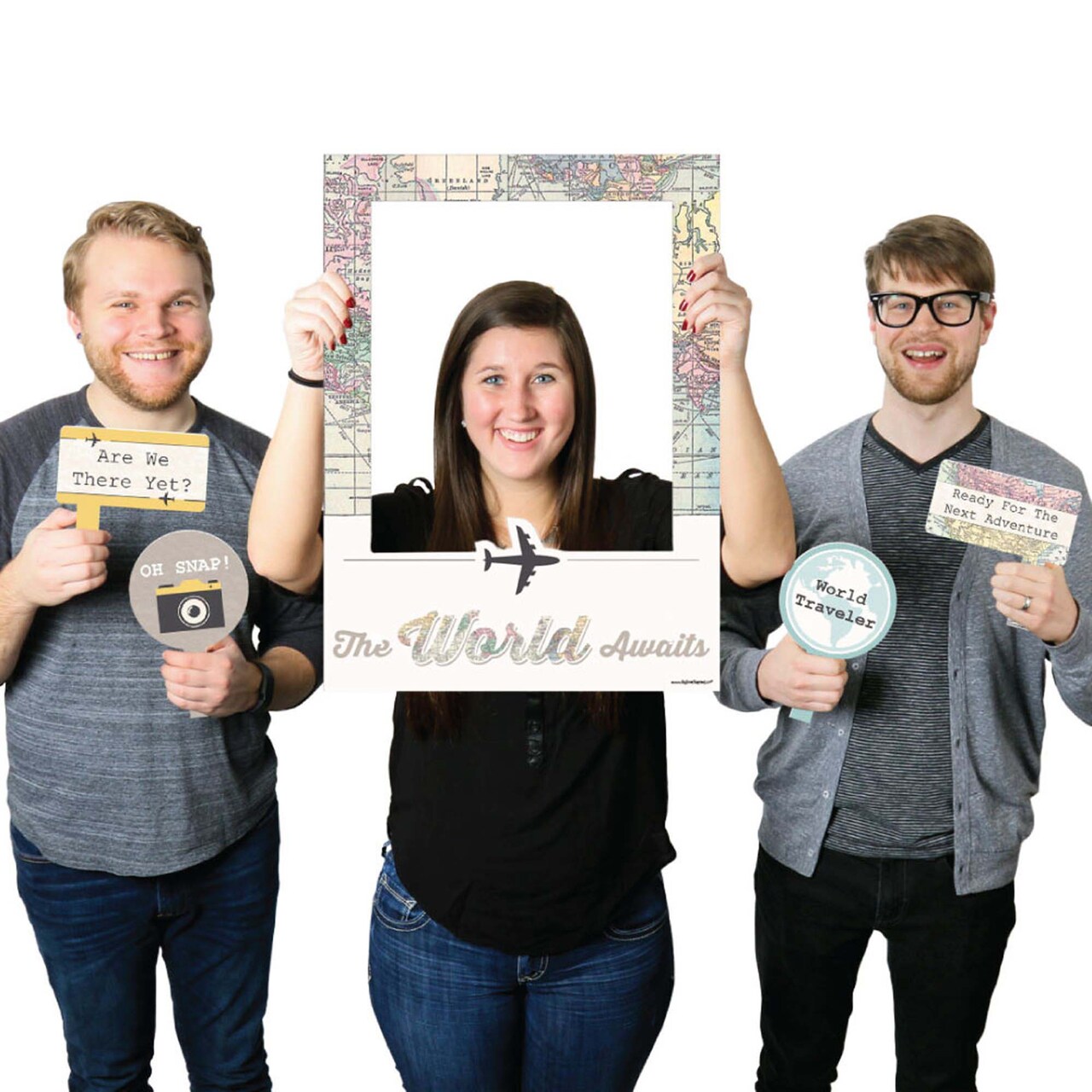 Big Dot of Happiness World Awaits Travel Themed Party Selfie Photo Booth Picture Frame Props Printed on Sturdy Material